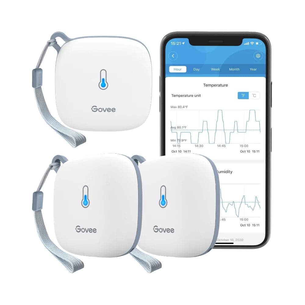 Three Govee H5179 Wi-Fi temperature and humidity sensors
