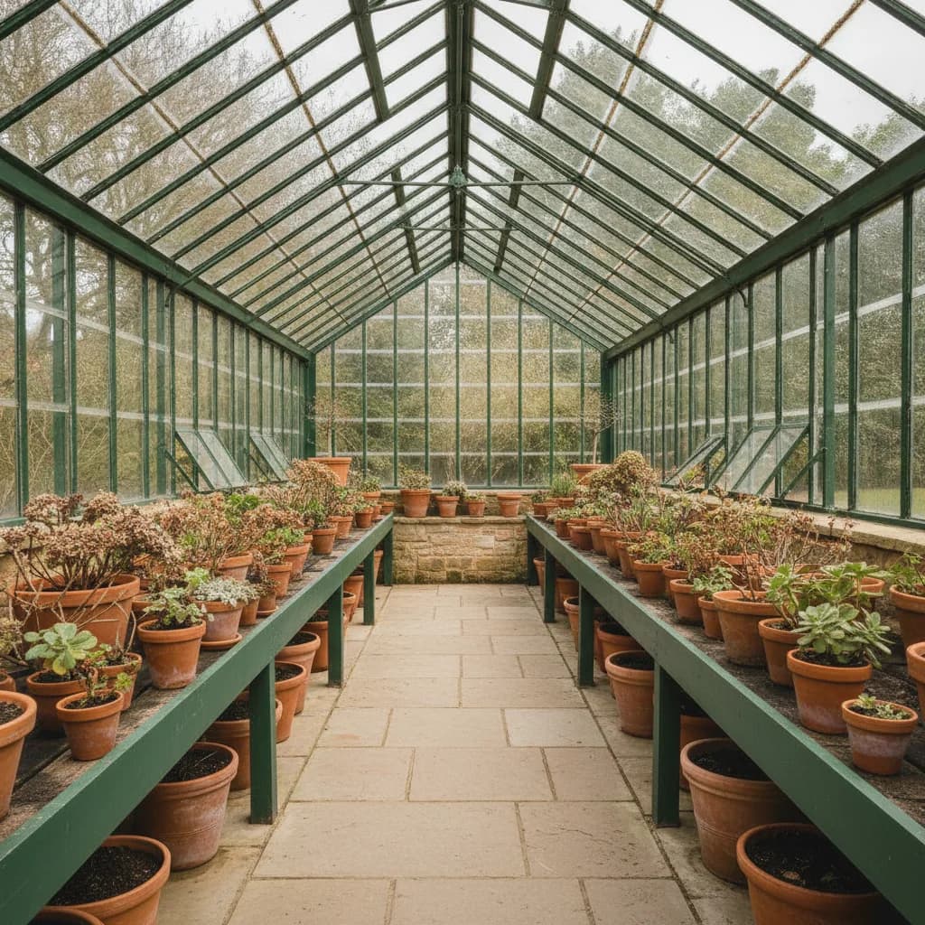 Aluminium glasshouse interior with heritage-green staging and potted plants