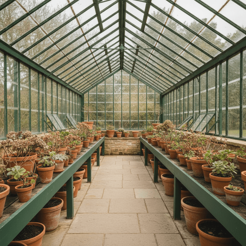 Aluminium glasshouse interior with heritage-green staging and potted plants
