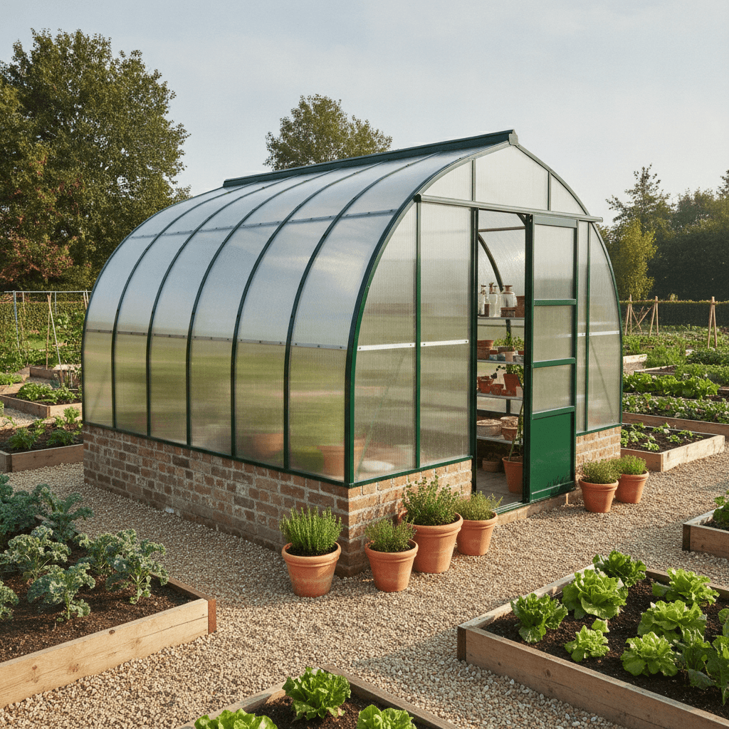 Arch-roofed twin-wall polycarbonate greenhouse in a tidy kitchen garden