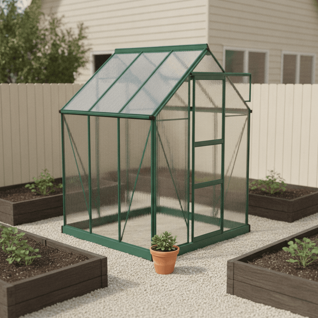 Compact hobby polycarbonate greenhouse on a small gravel base in a backyard