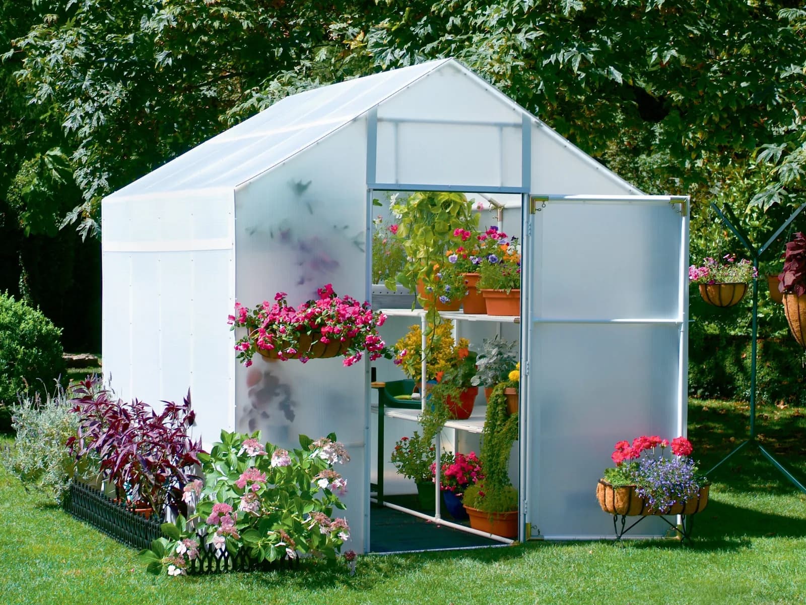 Solexx Garden Master greenhouse with peaked roof, open door and hanging flower baskets