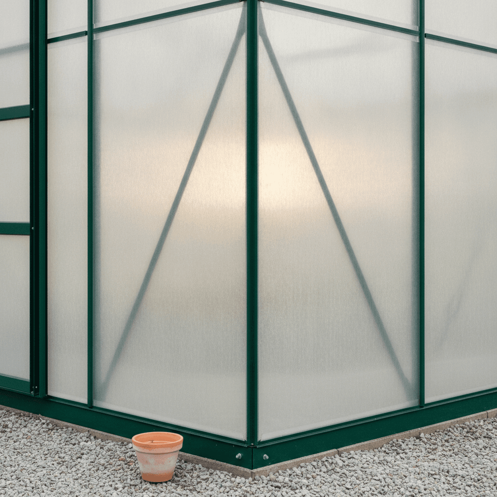 Twin-wall polyethylene greenhouse glazing diffusing warm light over a heritage-green frame
