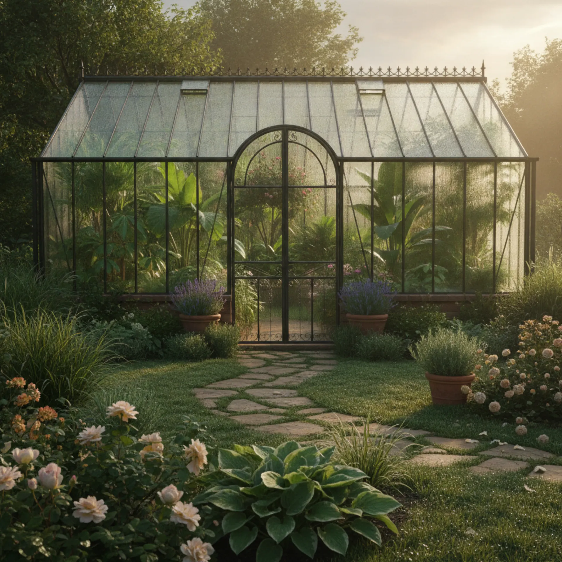 Backyard greenhouse in a garden